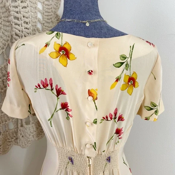 Vintage 90s Silk Floral Butter Yellow Maxi Dress Size 4 - Picture 3 of 5